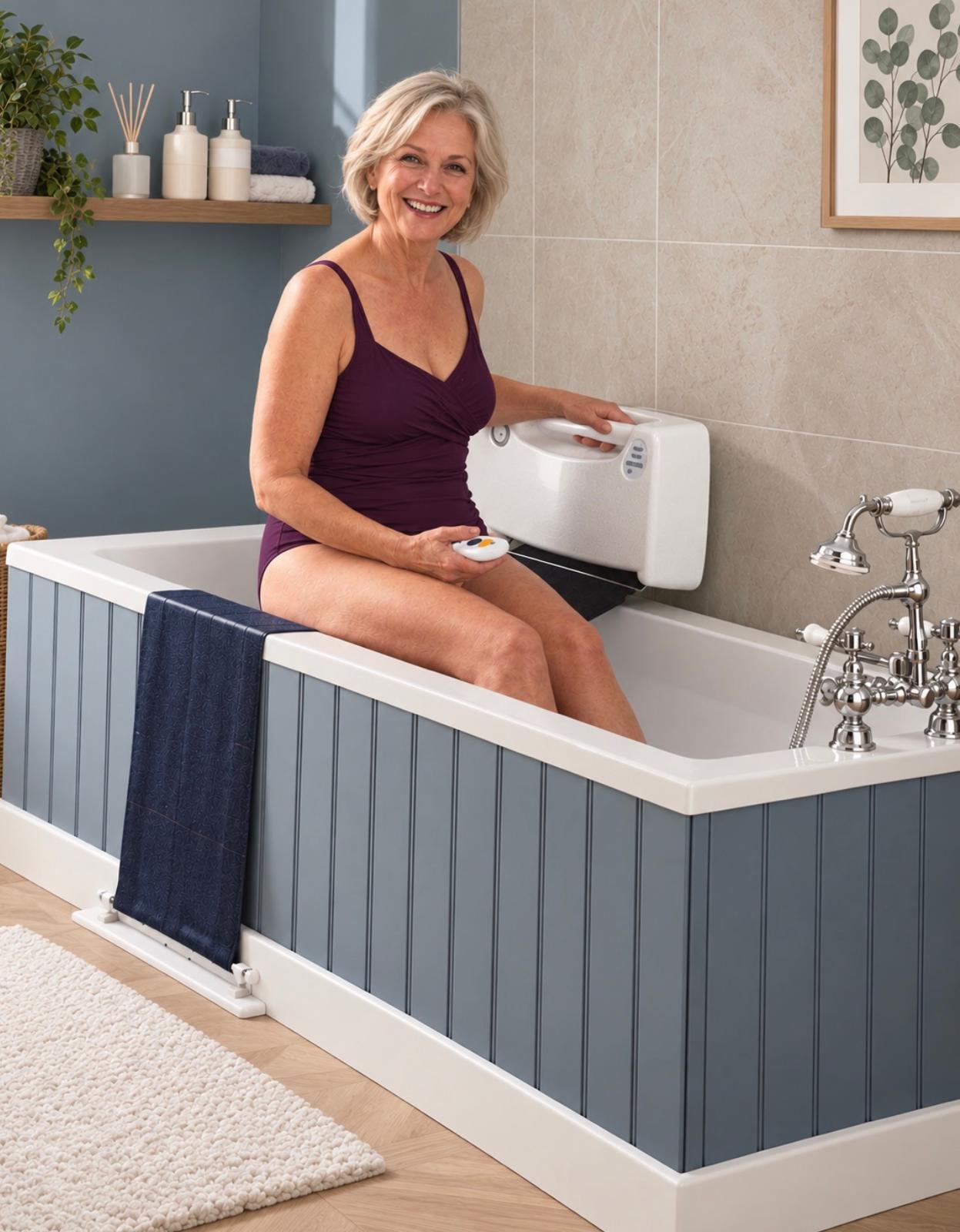 Supplied product photograph showing a person seated beside the bath lift